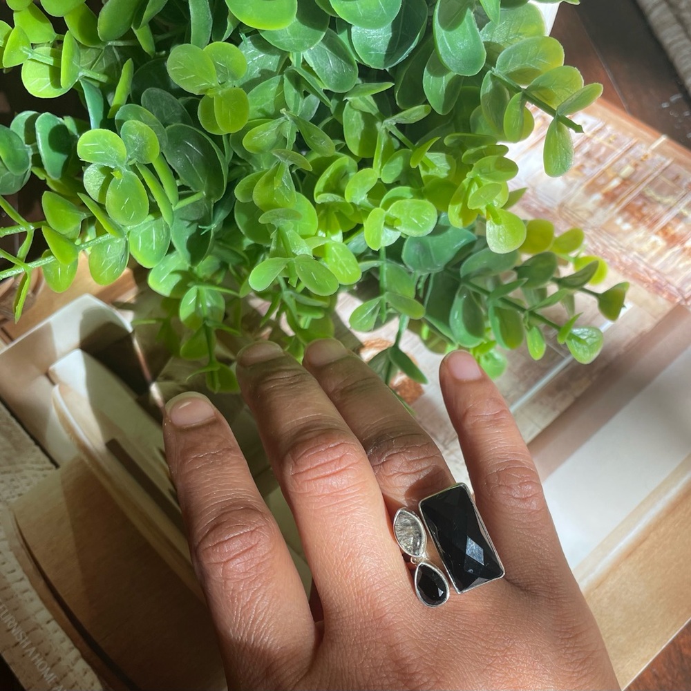 Ring Black Onyx multi stone statement Ring in 925 Sterling silver (US 7 and up) - Picture 5 of 12